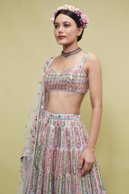 Shop Tamanna Punjabi Kapoor Blue Net V Neck Mirror Embellished Bridal Lehenga Set Online at Aza Fashions Shop_Tamanna Punjabi Kapoor_Blue Net V Neck Mirror Embellished Bridal Lehenga Set _Online_at_Aza_Fashions