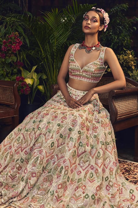 Tamanna Punjabi Kapoor White Net V Neck Mirror Embellished Bridal Lehenga Set 