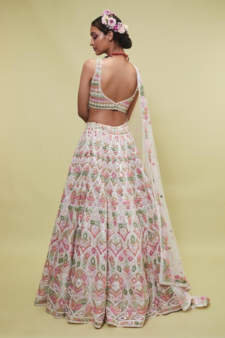 Shop Tamanna Punjabi Kapoor White Net V Neck Mirror Embellished Bridal Lehenga Set at Aza Fashions Shop_Tamanna Punjabi Kapoor_White Net V Neck Mirror Embellished Bridal Lehenga Set _at_Aza_Fashions