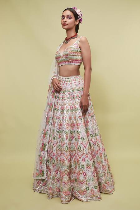 Tamanna Punjabi Kapoor White Net V Neck Mirror Embellished Bridal Lehenga Set Online at Aza Fashions Tamanna Punjabi Kapoor_White Net V Neck Mirror Embellished Bridal Lehenga Set _Online_at_Aza_Fashions