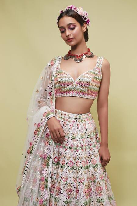 Shop Tamanna Punjabi Kapoor White Net V Neck Mirror Embellished Bridal Lehenga Set Online at Aza Fashions Shop_Tamanna Punjabi Kapoor_White Net V Neck Mirror Embellished Bridal Lehenga Set _Online_at_Aza_Fashions