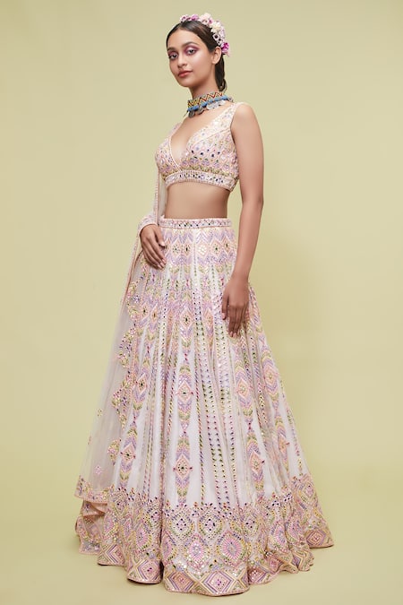 Tamanna Punjabi Kapoor_Peach Net V Neck Mirror Embellished Bridal Lehenga Set _Online_at_Aza_Fashions