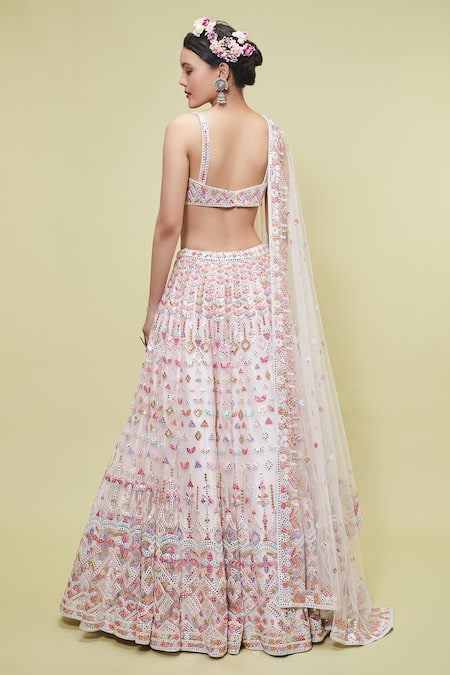 Shop Tamanna Punjabi Kapoor Pink Net V Neck Mirror Embellished Bridal Lehenga Set at Aza Fashions Shop_Tamanna Punjabi Kapoor_Pink Net V Neck Mirror Embellished Bridal Lehenga Set _at_Aza_Fashions