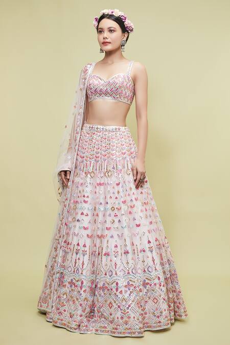 Tamanna Punjabi Kapoor Pink Net V Neck Mirror Embellished Bridal Lehenga Set Online at Aza Fashions Tamanna Punjabi Kapoor_Pink Net V Neck Mirror Embellished Bridal Lehenga Set _Online_at_Aza_Fashions