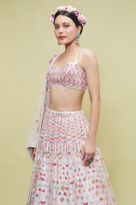 Shop Tamanna Punjabi Kapoor Pink Net V Neck Mirror Embellished Bridal Lehenga Set Online at Aza Fashions Shop_Tamanna Punjabi Kapoor_Pink Net V Neck Mirror Embellished Bridal Lehenga Set _Online_at_Aza_Fashions