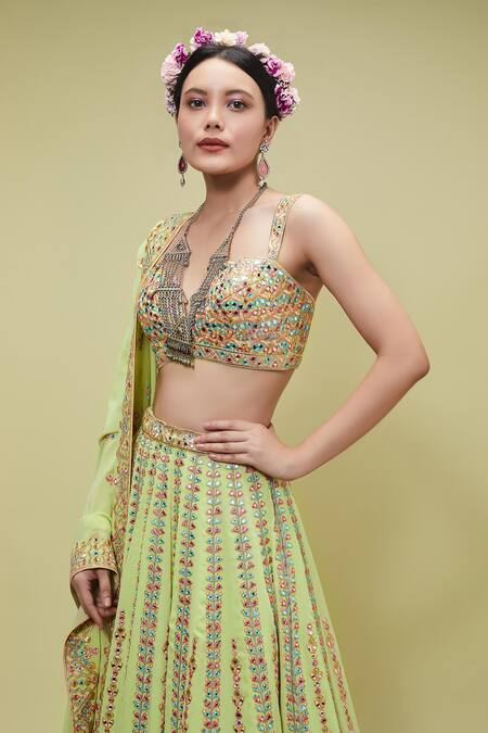 Buy Tamanna Punjabi Kapoor Green Georgette Sweetheart Neck Mirror Embellished Bridal Lehenga Set Online at Aza Fashions Buy_Tamanna Punjabi Kapoor_Green Georgette Sweetheart Neck Mirror Embellished Bridal Lehenga Set _Online_at_Aza_Fashions