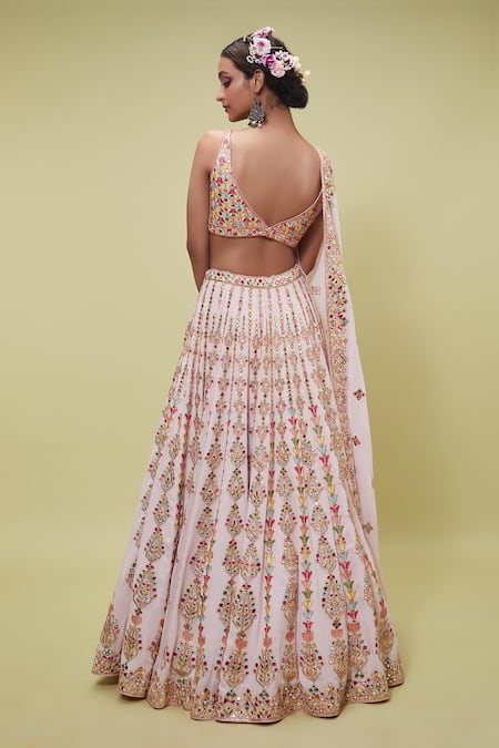 Shop Tamanna Punjabi Kapoor Pink Georgette V Neck Mirror Embellished Bridal Lehenga Set at Aza Fashions Shop_Tamanna Punjabi Kapoor_Pink Georgette V Neck Mirror Embellished Bridal Lehenga Set _at_Aza_Fashions