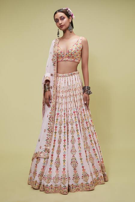 Tamanna Punjabi Kapoor Pink Georgette V Neck Mirror Embellished Bridal Lehenga Set Online at Aza Fashions Tamanna Punjabi Kapoor_Pink Georgette V Neck Mirror Embellished Bridal Lehenga Set _Online_at_Aza_Fashions
