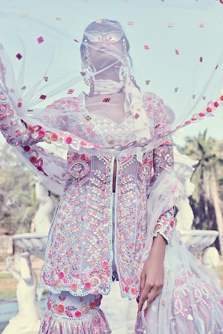 Shop Tamanna Punjabi Kapoor Blue Soft Net Crop Top V Neck Mirror Embellished Jacket And Sharara Set at Aza Fashions Shop_Tamanna Punjabi Kapoor_Blue Soft Net Crop Top V Neck Mirror Embellished Jacket And Sharara Set _at_Aza_Fashions