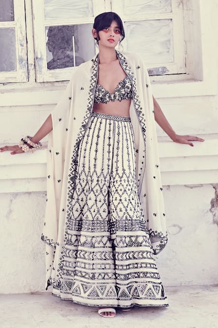 Shop Tamanna Punjabi Kapoor White Georgette Crop Top V Neck Mirror Embellished Cape And Sharara Set at Aza Fashions Shop_Tamanna Punjabi Kapoor_White Georgette Crop Top V Neck Mirror Embellished Cape And Sharara Set _at_Aza_Fashions