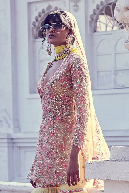 Buy Tamanna Punjabi Kapoor Yellow Soft Net U Neck Floral Mirror Embellished Kurta And Sharara Set Online at Aza Fashions Buy_Tamanna Punjabi Kapoor_Yellow Soft Net U Neck Floral Mirror Embellished Kurta And Sharara Set _Online_at_Aza_Fashions