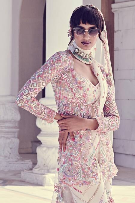 Tamanna Punjabi Kapoor_White Soft Net Crop Top V Neck Mirror Embellished Jacket And Sharara Set _Online_at_Aza_Fashions