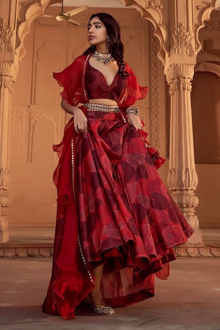 Seeaash_Red Organza, Chanderi Floral , Leaf V Neck Print Lehenga Set_Online_at_Aza_Fashions