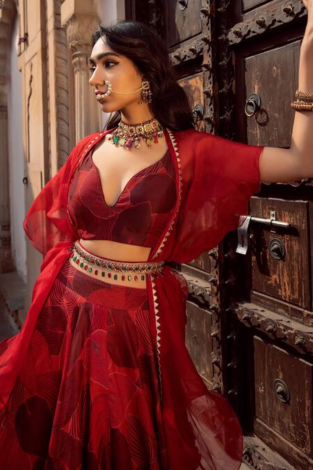 Buy_Seeaash_Red Organza, Chanderi Floral , Leaf V Neck Print Lehenga Set_Online_at_Aza_Fashions