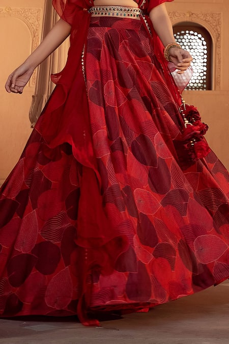 Shop_Seeaash_Red Organza, Chanderi Floral , Leaf V Neck Print Lehenga Set_Online_at_Aza_Fashions