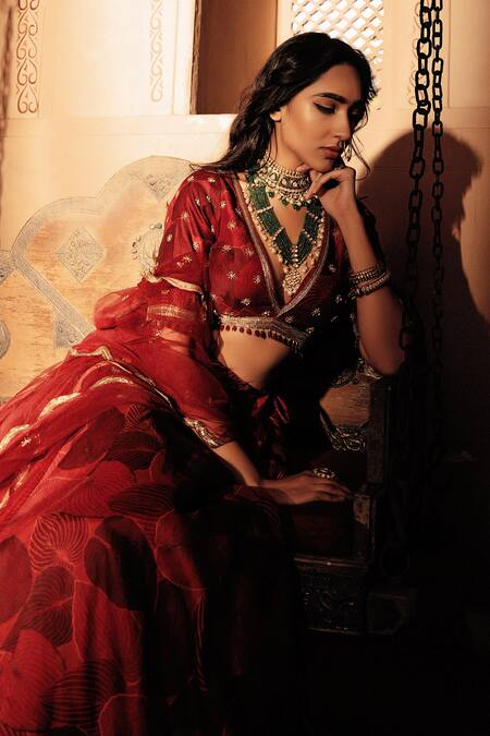 Seeaash_Red Chanderi, Tulle Net Floral , Leaf V Neck Print Lehenga Set_Online_at_Aza_Fashions