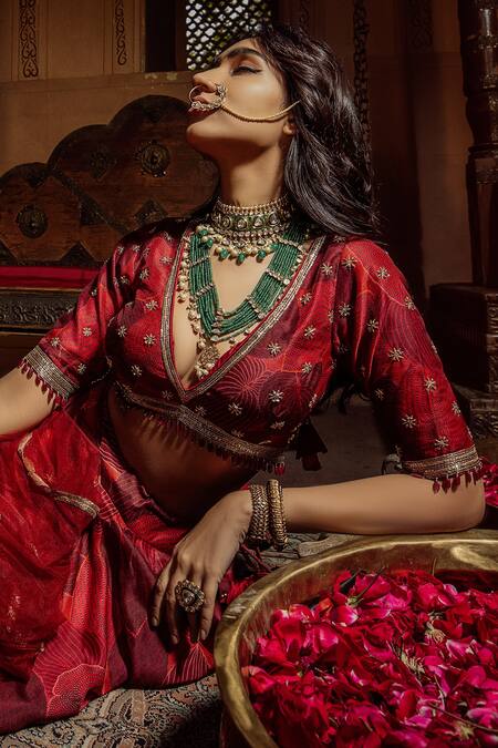 Buy_Seeaash_Red Chanderi, Tulle Net Floral , Leaf V Neck Print Lehenga Set_Online_at_Aza_Fashions