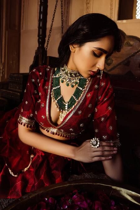 Shop_Seeaash_Red Chanderi, Tulle Net Floral , Leaf V Neck Print Lehenga Set_Online_at_Aza_Fashions