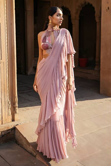Shop_Seeaash_Pink Chanderi, Georgette Leaf Motifs Pre-draped Printed Ruffle Saree With Blouse_Online_at_Aza_Fashions