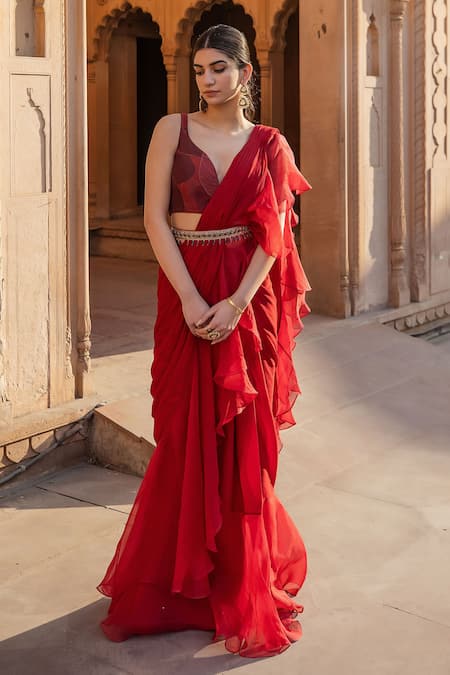Red Saree with Vichitra Fabric Sequin work - Monastoor- Indian ethnical  dress collections with more than 1500+ fashionable indian traditional  dresses and ethnical jewelleries.