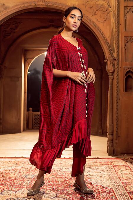 Seeaash_Red Modal Satin Printed Geometric Motifs Notched Kaftan And Pant Set_Online_at_Aza_Fashions