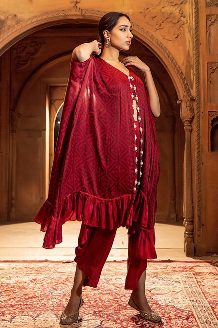 Buy_Seeaash_Red Modal Satin Printed Geometric Motifs Notched Kaftan And Pant Set_Online_at_Aza_Fashions