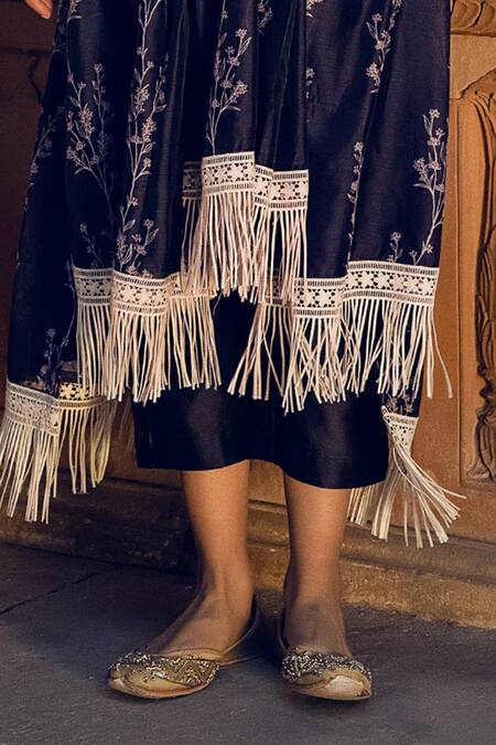 Seeaash_Blue Chanderi Floral Motifs V Neck Asymmetric Kurta And Pant Set_at_Aza_Fashions