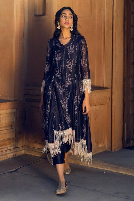 Buy_Seeaash_Blue Chanderi Floral Motifs V Neck Asymmetric Kurta And Pant Set_Online_at_Aza_Fashions