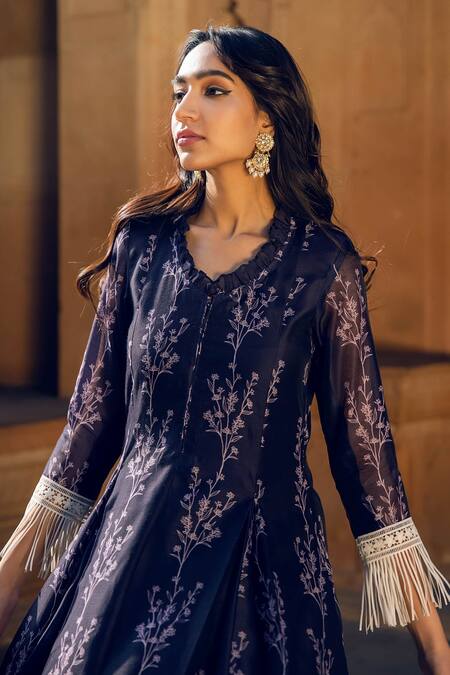 Shop_Seeaash_Blue Chanderi Floral Motifs V Neck Asymmetric Kurta And Pant Set_Online_at_Aza_Fashions