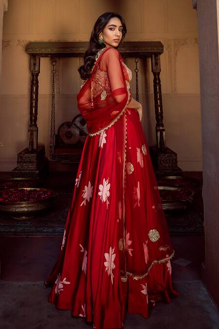 Shop_Seeaash_Red Modal Satin, Tulle Net Floral Motifs V Neck Lily Print Lehenga Set_at_Aza_Fashions