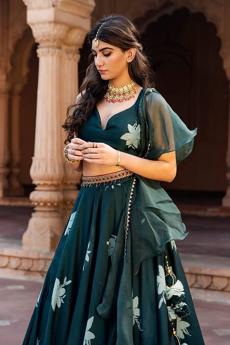 Seeaash_Green Georgette, Modal Satin Lily Motifs Printed Lehenga Set With Ruffle Dupatta_Online_at_Aza_Fashions