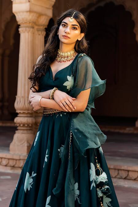 Buy_Seeaash_Green Georgette, Modal Satin Lily Motifs Printed Lehenga Set With Ruffle Dupatta_Online_at_Aza_Fashions