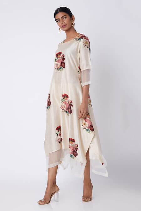 Archana Shah White Blended Silk Floral Print Kurta 