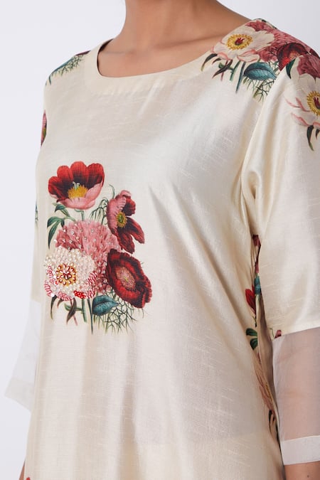 Archana Shah_White Blended Silk Floral Print Kurta_Online_at_Aza_Fashions