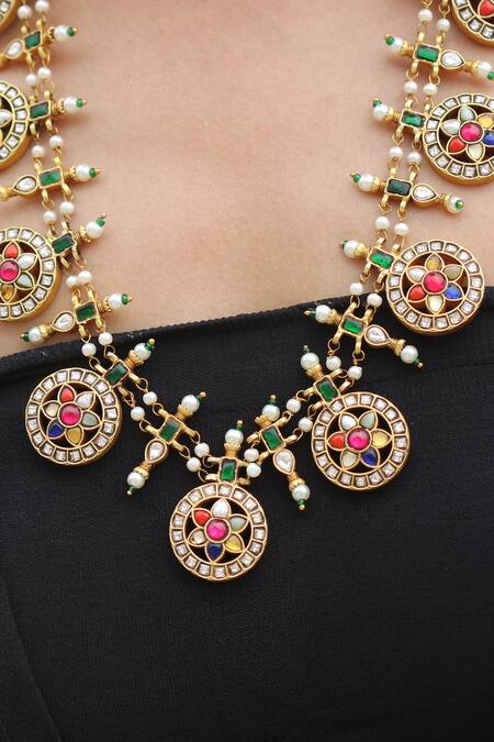 Arnimaa_Multi Color Floral Stone Embellished Necklace Set _Online_at_Aza_Fashions