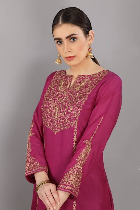 Shop_Asaga_Purple Cotton Pant Mul Cotton Dupatta Organza, Kurta Chanderi Silk Set _Online_at_Aza_Fashions