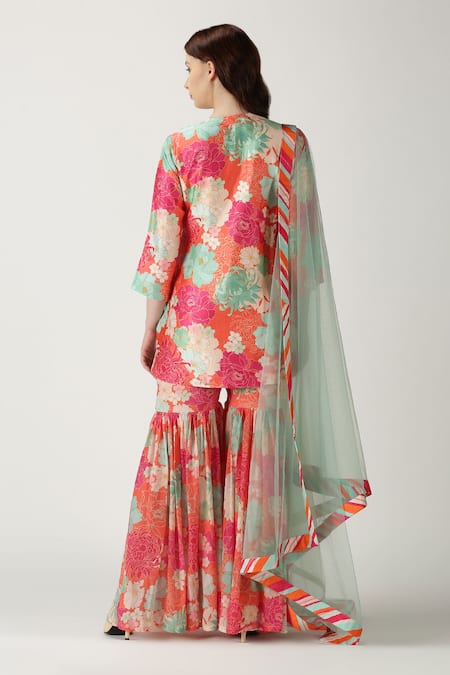 Shop Archana Shah Orange Kurta And Pant Crepe Silk Dupatta Net Printed Sharara Set at Aza Fashions Shop_Archana Shah_Orange Kurta And Pant Crepe Silk Dupatta Net Printed Sharara Set _at_Aza_Fashions