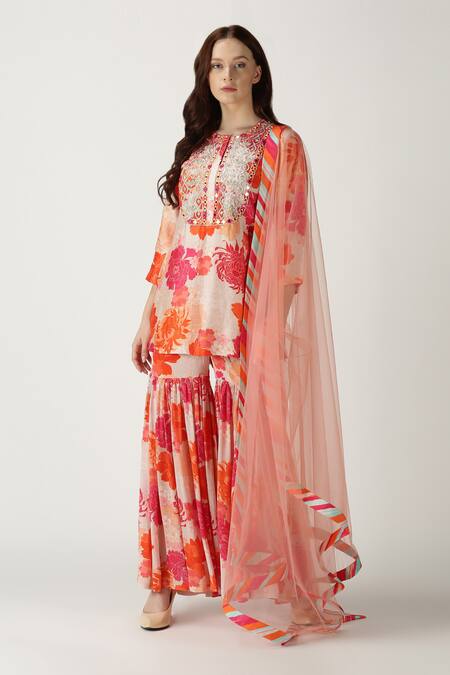 Archana Shah White Kurta And Pant Crepe Silk Dupatta Net Printed Sharara Set Online at Aza Fashions Archana Shah_White Kurta And Pant Crepe Silk Dupatta Net Printed Sharara Set _Online_at_Aza_Fashions