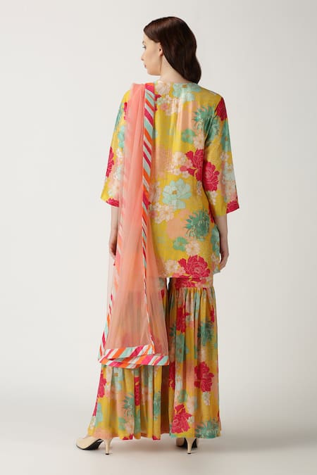Shop Archana Shah Yellow Kurta And Pant Crepe Silk Dupatta Net Printed Sharara Set at Aza Fashions Shop_Archana Shah_Yellow Kurta And Pant Crepe Silk Dupatta Net Printed Sharara Set _at_Aza_Fashions