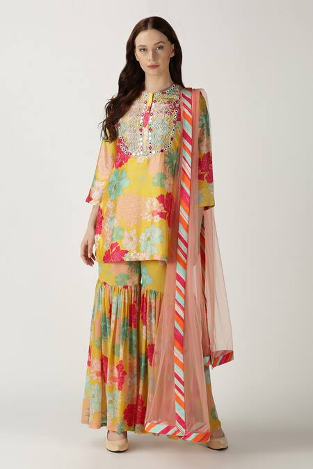 Archana Shah Yellow Kurta And Pant Crepe Silk Dupatta Net Printed Sharara Set Online at Aza Fashions Archana Shah_Yellow Kurta And Pant Crepe Silk Dupatta Net Printed Sharara Set _Online_at_Aza_Fashions