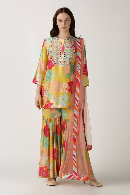 Shop Archana Shah Yellow Kurta And Pant Crepe Silk Dupatta Net Printed Sharara Set Online at Aza Fashions Shop_Archana Shah_Yellow Kurta And Pant Crepe Silk Dupatta Net Printed Sharara Set _Online_at_Aza_Fashions