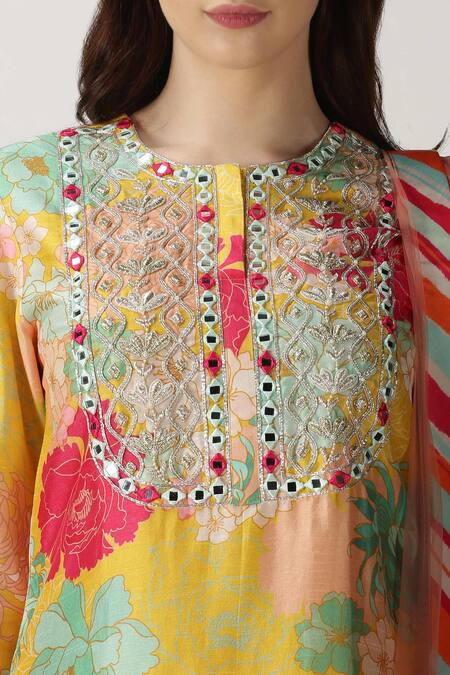 Archana Shah Yellow Kurta And Pant Crepe Silk Dupatta Net Printed Sharara Set at Aza Fashions Archana Shah_Yellow Kurta And Pant Crepe Silk Dupatta Net Printed Sharara Set _at_Aza_Fashions