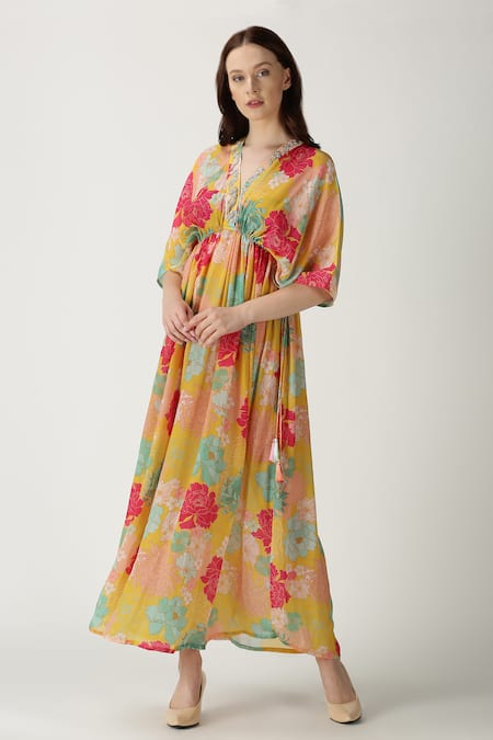 Shop_Archana Shah_Yellow Crepe Silk Printed Kaftan _Online_at_Aza_Fashions