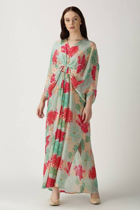 Buy_Archana Shah_Green Crepe Silk Printed Kaftan _Online_at_Aza_Fashions