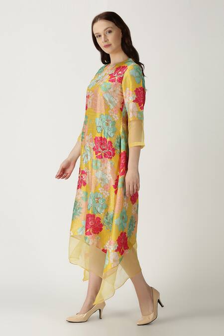 Shop Archana Shah Yellow Bemberg Silk Printed Kurta Online at Aza Fashions Shop_Archana Shah_Yellow Bemberg Silk Printed Kurta _Online_at_Aza_Fashions