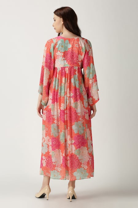 Shop Archana Shah Orange Crepe Silk Printed A-line Dress at Aza Fashions Shop_Archana Shah_Orange Crepe Silk Printed A-line Dress _at_Aza_Fashions
