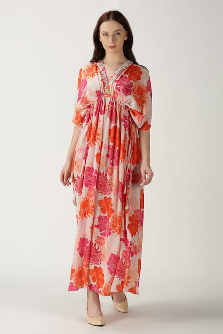 Archana Shah White Crepe Silk Printed Kaftan 