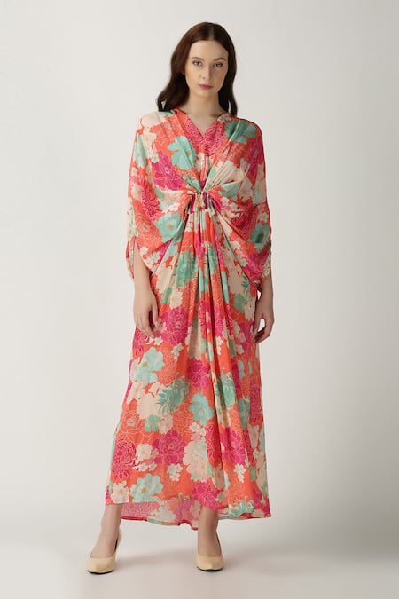 Archana Shah Orange Crepe Silk Printed Kaftan 