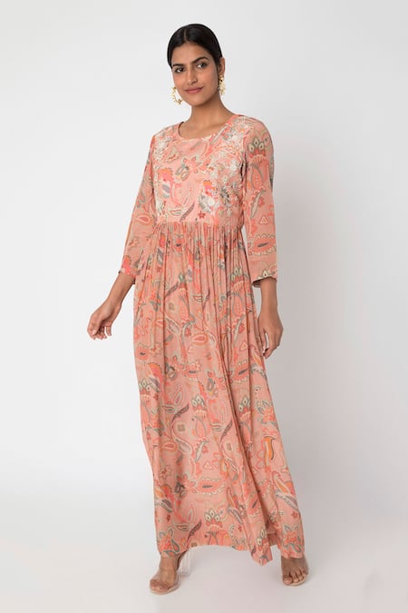 Archana Shah Peach Bemberg Crepe Printed Dress 