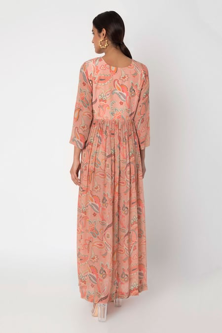 Shop Archana Shah Peach Bemberg Crepe Printed Dress at Aza Fashions Shop_Archana Shah_Peach Bemberg Crepe Printed Dress _at_Aza_Fashions